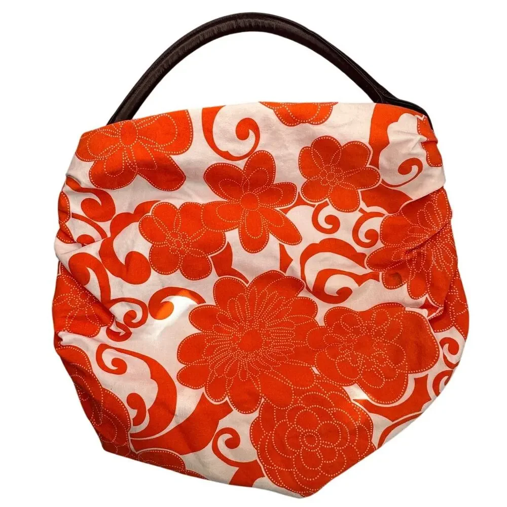 Saks Fifth Avenue Floral Canvas Shoulder Bag Orange Single Handle Retro 70s